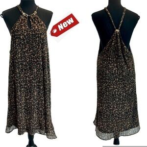 Joie brown black leopard print metallic pleated halter top sheath dress Sz M NWT